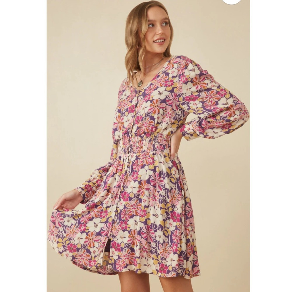 NWT Hayden Los Angeles Floral Print Button Up V Neck Smock Detail Dress Large